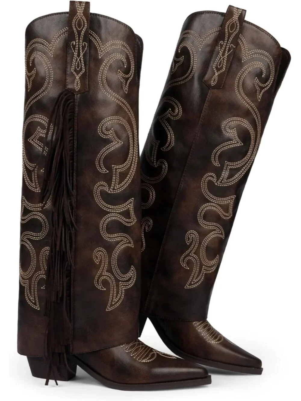 Women's Retro Brown Knee High Cowboy Boots Chunky Block High Heel Half Zipper